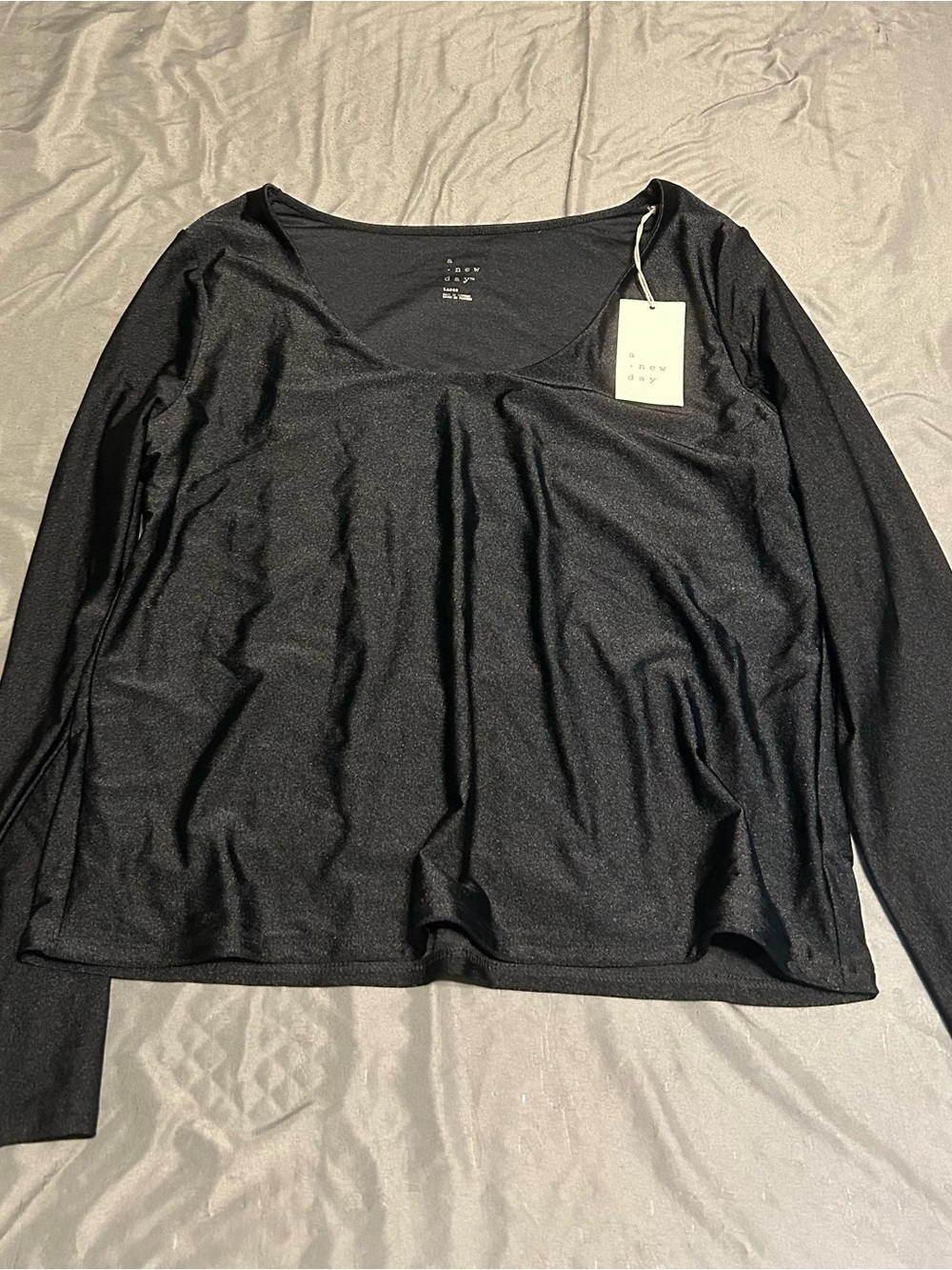 A New Day Women's Black Satin Long-Sleeve Scoop Neck Top